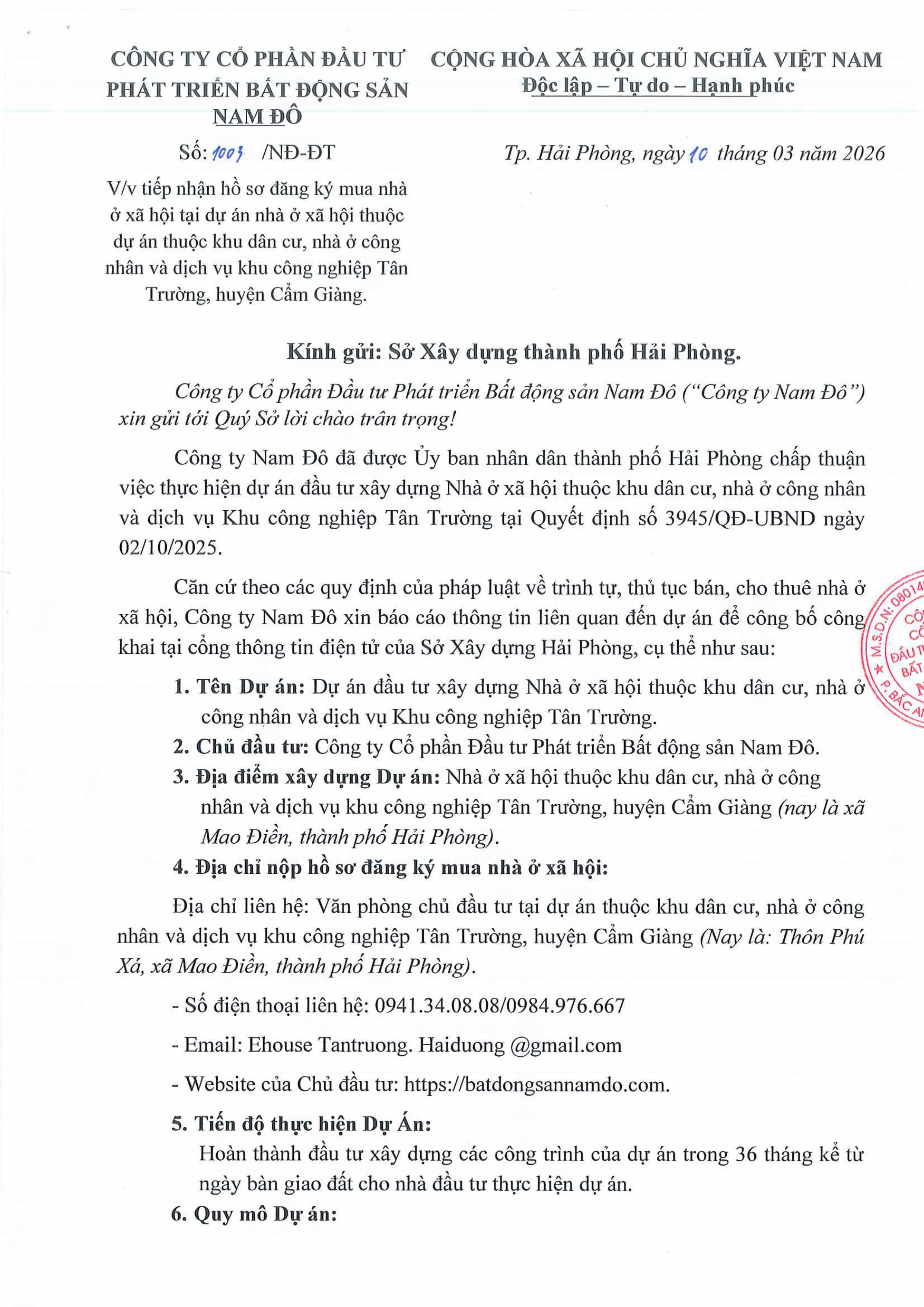 V/v tiếp nhận hồ sơ đăng ký mua nhà ở xã hội tại dự án (Đợt 2)